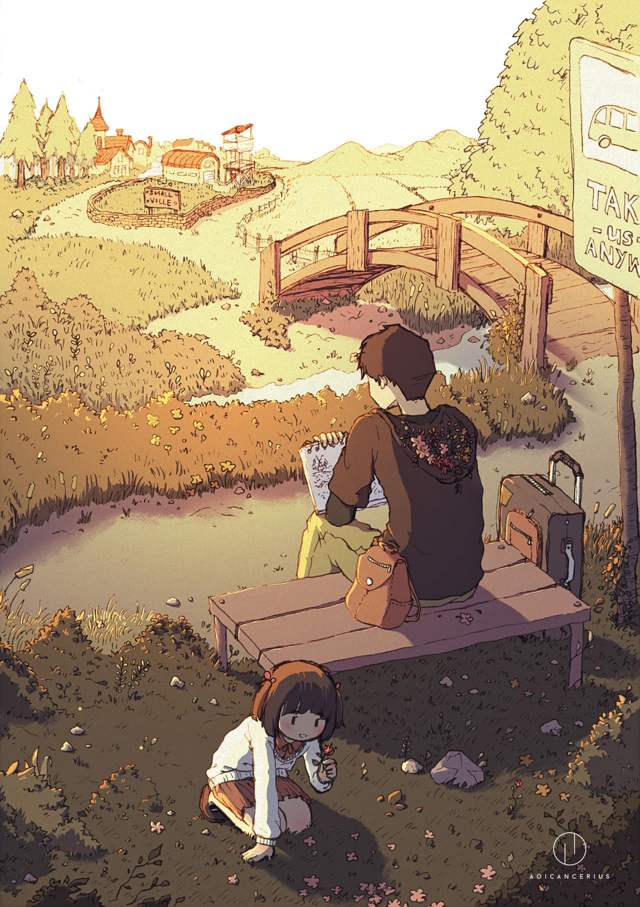 1boy 1girl aoicancerius artist_name bag black_hoodie bridge brown_hair bus_stop drawing flower grass handbag highres hood hood_down kneeling luggage original outdoors red_skirt rock scenery short_hair sign sitting skirt tree