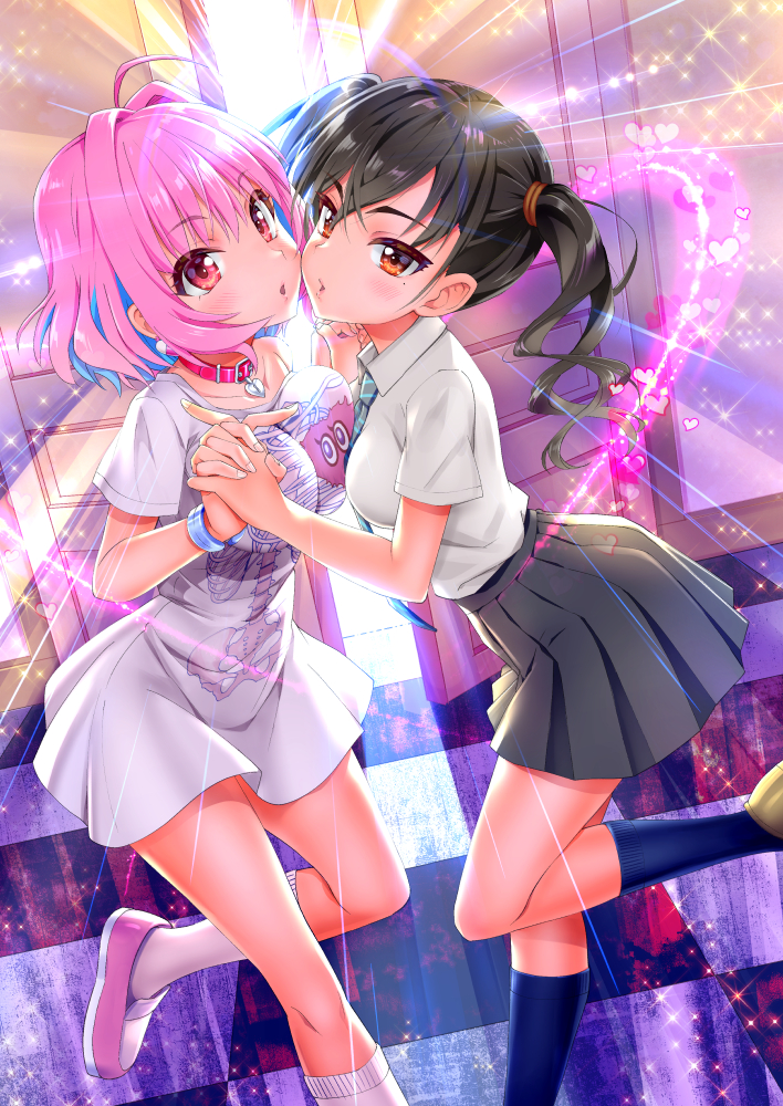 2girls ahoge asymmetrical_docking backlighting bangle bangs black_hair blue_hair blush bracelet breast_press breasts checkered checkered_floor cheek-to-cheek collarbone collared_shirt crossed_bangs dress_shirt eyebrows_visible_through_hair fingernails from_side hair_between_eyes hands_up heart heart-shaped_lock holding_hands idolmaster idolmaster_cinderella_girls indoors interlocked_fingers jewelry large_breasts leaning_forward leg_up long_hair looking_at_viewer mole mole_under_eye multicolored_hair multiple_girls necktie no_pants off-shoulder_shirt off_shoulder open_door orange_eyes parted_lips pill_earrings pink_eyes pink_footwear pink_hair pleated_skirt shiny shiny_hair shirt short_hair short_sleeves single_bare_shoulder skeleton_print skirt small_breasts sparkle standing standing_on_one_leg striped striped_neckwear sunazuka_akira t-shirt thighs tile_floor tiles twintails two-tone_hair uniform white_legwear white_shirt wing_collar yumemi_riamu zless