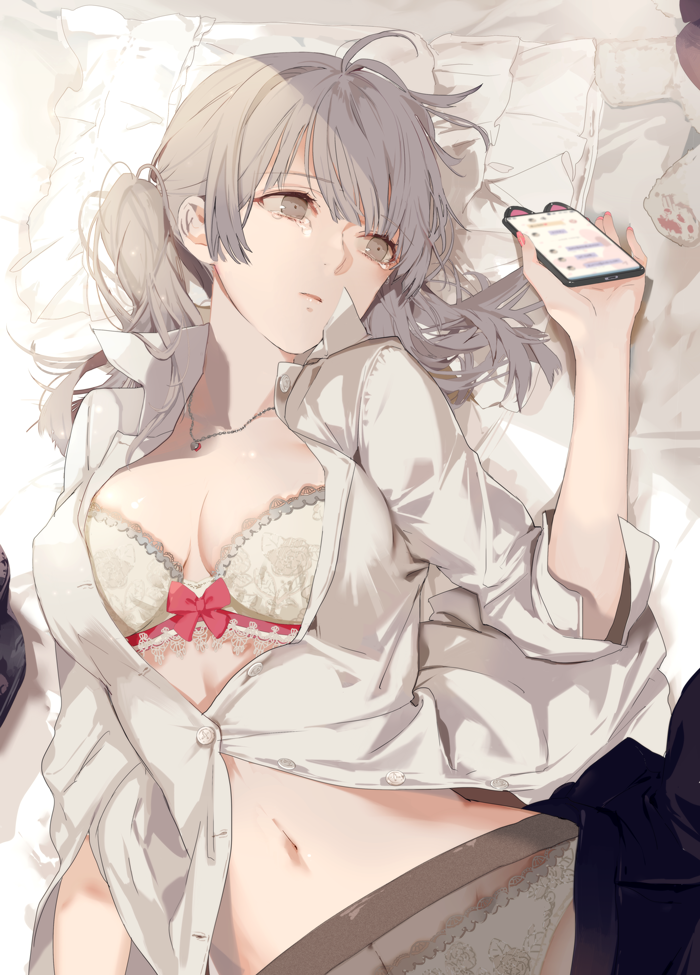 1girl antenna_hair black_skirt bra breasts breasts_apart collared_shirt commentary_request dress_shirt grey_eyes grey_hair holding holding_phone jewelry large_breasts long_hair looking_away lying navel necklace on_back original panties panties_under_pantyhose pantyhose parted_lips partially_unbuttoned phone shirt skirt solo tears twintails underwear white_bra white_panties white_shirt yukisame