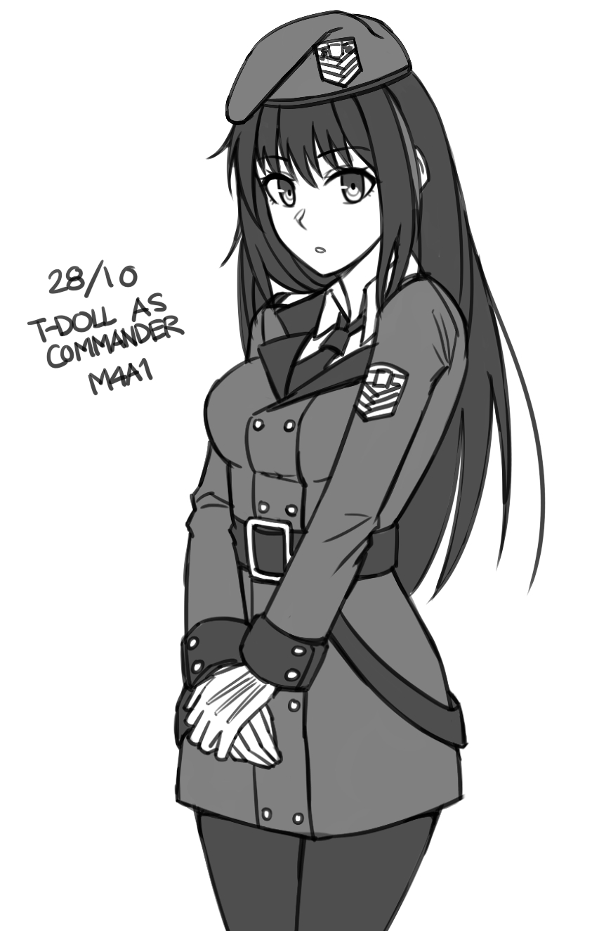 1girl bangs belt belt_buckle beret breasts buckle character_name collared_shirt cosplay dated eyebrows_visible_through_hair female_commander_(girls_frontline) female_commander_(girls_frontline)_(cosplay) girls_frontline greyscale hair_between_eyes hands_together hat highres inktober jacket long_hair long_sleeves looking_at_viewer m4a1_(girls_frontline) medium_breasts military military_hat military_jacket military_uniform monochrome ndtwofives necktie own_hands_together pantyhose parted_lips shirt simple_background solo uniform v_arms very_long_hair white_background