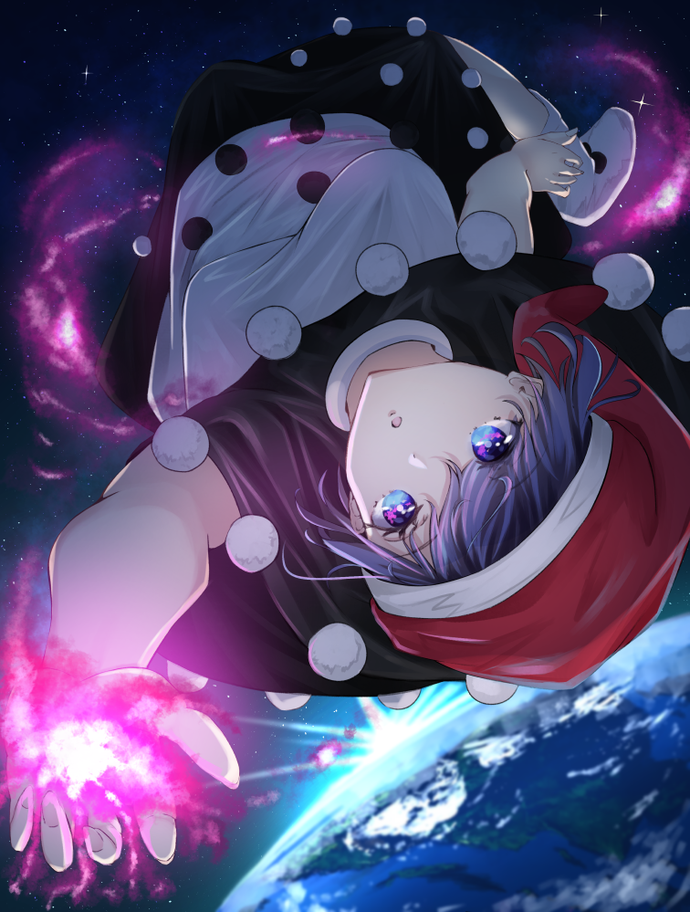 1girl black_dress blue_eyes blue_hair cacao_devil doremy_sweet dream_soul dress earth expressionless grabbing hat nightcap open_mouth pom_pom_(clothes) short_sleeves solo space sunlight touhou upside-down white_dress white_footwear