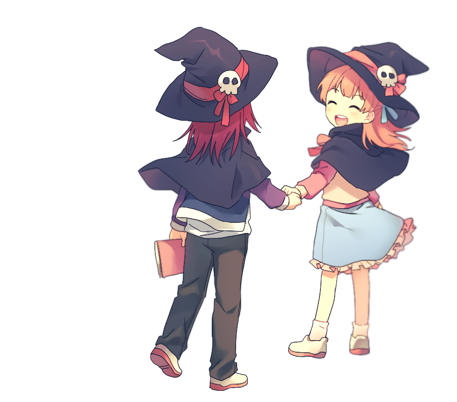 2girls :d ^_^ bang_dream! bangs black_cape black_headwear black_pants blue_ribbon blue_skirt blush book cape child closed_eyes frilled_skirt frills full_body hair_ribbon half_updo halloween halloween_costume hat hat_ribbon holding holding_book holding_hands long_hair long_sleeves multiple_girls open_mouth pants pink_hair pink_ribbon re_ghotion red_ribbon ribbon shoes simple_background skirt skull_hat_ornament smile socks udagawa_tomoe uehara_himari white_background white_footwear white_legwear witch_hat younger