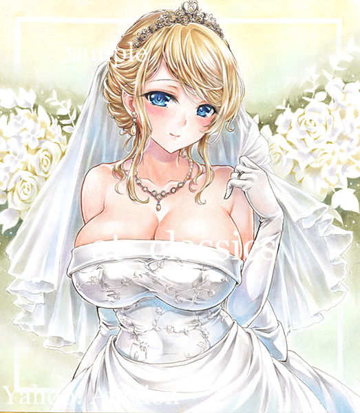 at_classics blonde_hair blue_eyes breasts bride dress elbow_gloves gloves large_breasts original wedding_dress white_gloves