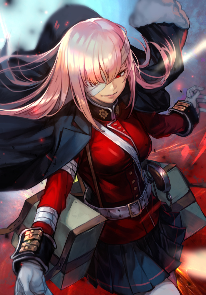 1girl bandage_over_one_eye bandages bangs belt black_coat black_skirt breasts closed_mouth fate/grand_order fate_(series) floating_hair florence_nightingale_(fate/grand_order) gloves hair_down hankuri jacket jacket_on_shoulders long_hair long_sleeves medium_breasts military military_jacket military_uniform pantyhose pink_hair pleated_skirt pouch red_eyes red_jacket sam_browne_belt skirt solo uniform white_belt white_gloves white_legwear