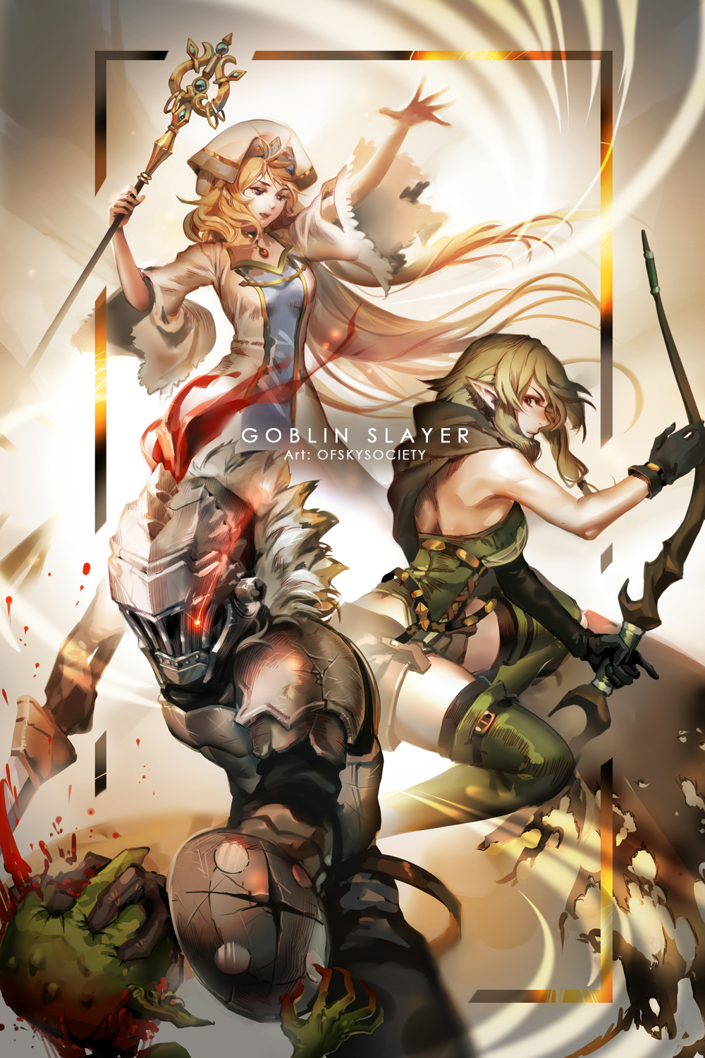 1boy 2girls alice_jing armor artist_name bangs blonde_hair blue_eyes blush bow breasts commentary_request copyright_name dress elf full_armor gloves goblin goblin_slayer goblin_slayer! green_eyes green_hair hair_between_eyes hair_bow hat helmet high_elf_archer_(goblin_slayer!) highres holding long_hair long_sleeves looking_at_viewer multiple_girls open_mouth plume pointy_ears priestess_(goblin_slayer!) shield shorts sidelocks small_breasts smile sword thigh-highs weapon