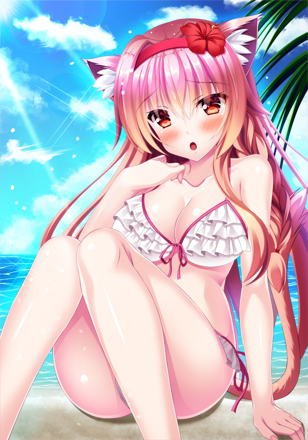 1girl animal_ears beach bikini breasts brown_hair cat_ears cat_tail flower hair_flower hair_ornament hibiscus highres large_breasts ocean orange_eyes original solo swimsuit tail water yuuzuki_hijiri