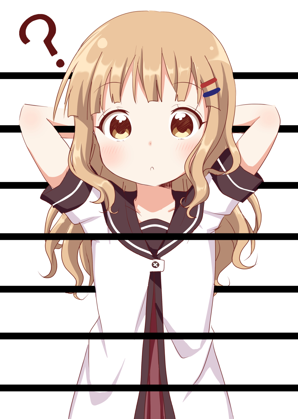 1girl ? blonde_hair brown_eyes commentary_request confused hair_ornament hairclip highres long_hair looking_at_viewer nanamori_school_uniform oomuro_sakurako open_mouth parted_lips school_uniform serafuku simple_background solo usagi_koushaku yuru_yuri