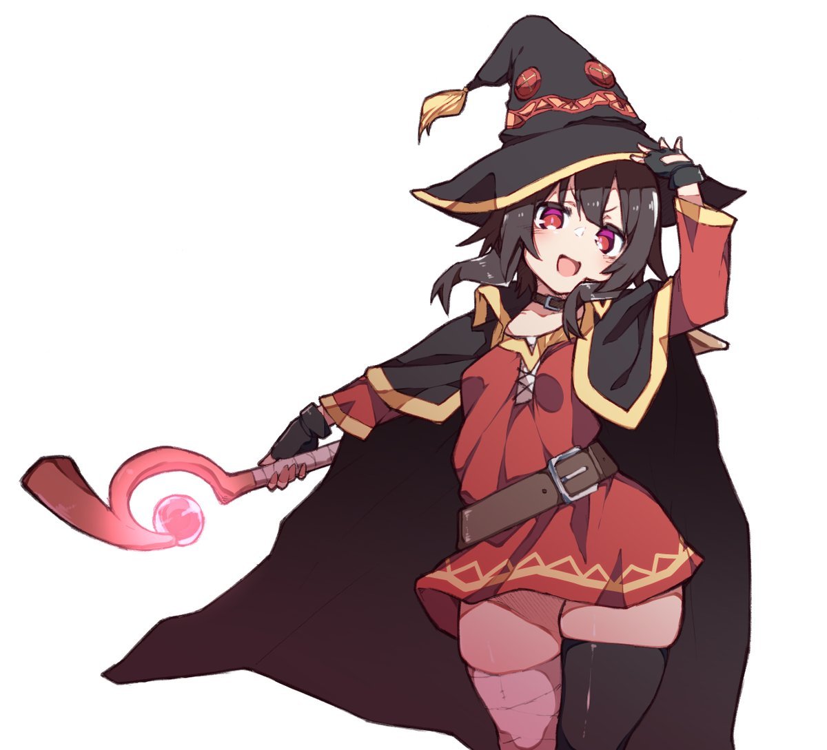 1girl :d bandaged_leg bandages bangs belt belt_buckle black_cape black_gloves black_headwear black_legwear brown_hair buckle cape dress fingerless_gloves gloves gold_trim hat holding holding_staff kono_subarashii_sekai_ni_shukufuku_wo! megumin open_mouth red_dress red_eyes simple_background single_thighhigh smile staff thigh-highs white_legwear witch_hat