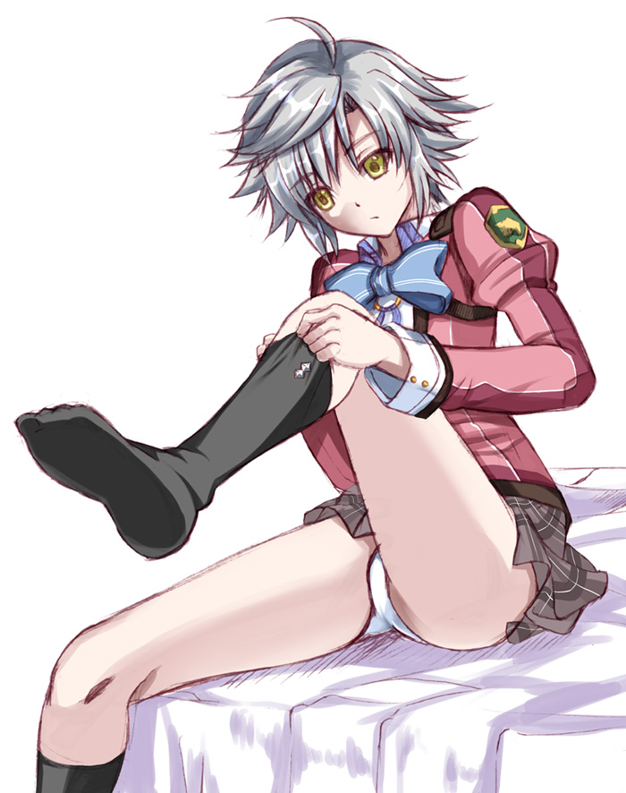 1girl ahoge bangs bed_sheet black_legwear blue_neckwear closed_mouth collared_shirt eiyuu_densetsu eyebrows_visible_through_hair fie_claussell graphite_(medium) green_eyes grey_skirt hair_between_eyes jacket kagura_yuuto kneehighs leg_up long_sleeves miniskirt panties plaid plaid_skirt pleated_skirt red_jacket school_uniform sen_no_kiseki shiny shiny_hair shirt short_hair silver_hair simple_background sitting skirt solo traditional_media underwear white_background white_panties white_shirt wing_collar