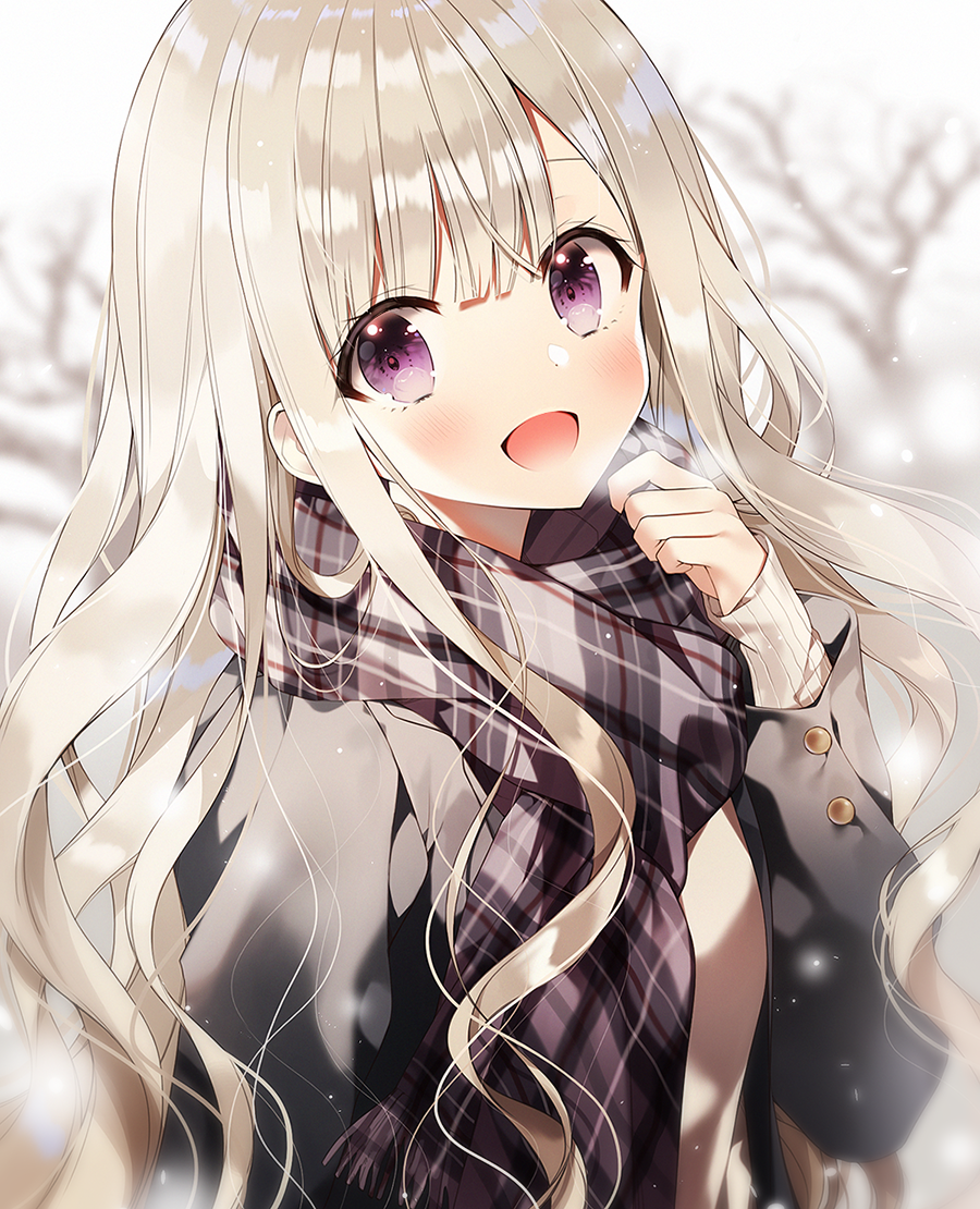 1girl :d bare_tree black_jacket blurry breath brown_hair depth_of_field fringe_trim hand_up jacket long_hair long_sleeves looking_at_viewer open_mouth original plaid plaid_scarf scarf sidelocks smile solo tree upper_body violet_eyes wavy_hair weri winter_clothes