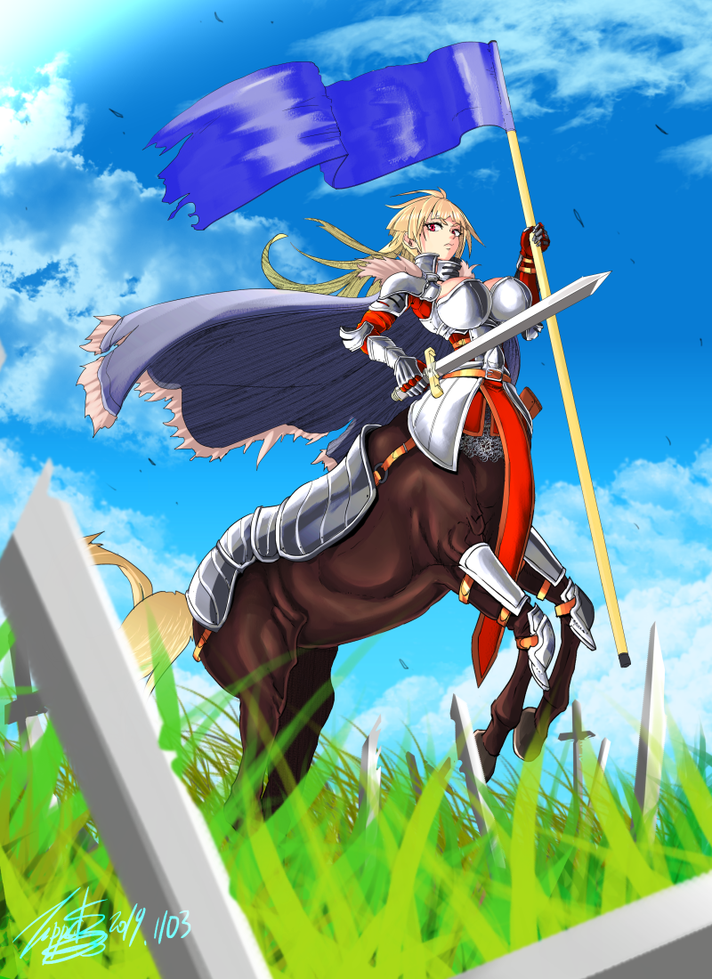 1girl ahoge armor bangs belt blonde_hair blue_flag blunt_bangs breastplate breasts broken broken_sword broken_weapon capelet centaur chainmail cleavage_cutout clouds commentary dated field flag full_armor gauntlets grass holding holding_flag holding_sword holding_weapon hooves horse_tail knight large_breasts long_hair looking_at_viewer mixed-language_commentary monster_girl multiple_legs original plate_armor red_eyes sheath shin_guards signature sky solo sword tail thick_eyebrows weapon zippedsquire