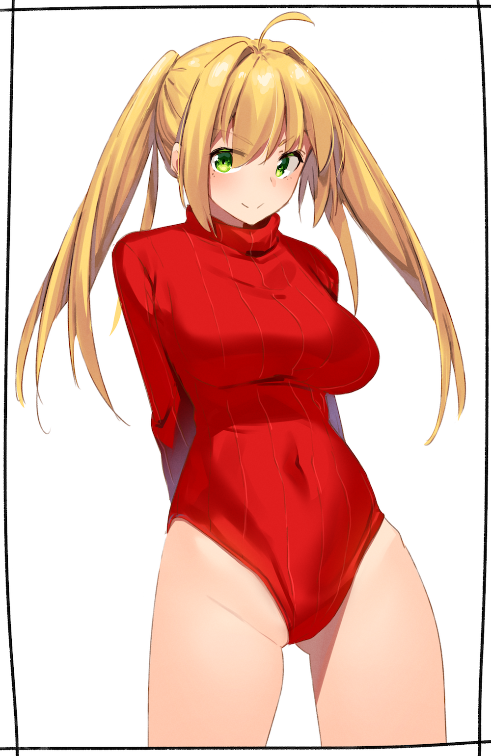 &gt;:) 1girl ahoge alternate_costume arms_behind_back ass_visible_through_thighs bangs bare_hips blonde_hair blush breasts closed_mouth cowboy_shot eyebrows_visible_through_hair fate/grand_order fate_(series) green_eyes hair_intakes highres kei_(soundcross) large_breasts leotard long_hair long_sleeves mole mole_under_eye nero_claudius_(fate) nero_claudius_(fate)_(all) red_leotard simple_background smile solo sweater turtleneck turtleneck_leotard turtleneck_sweater twintails white_background