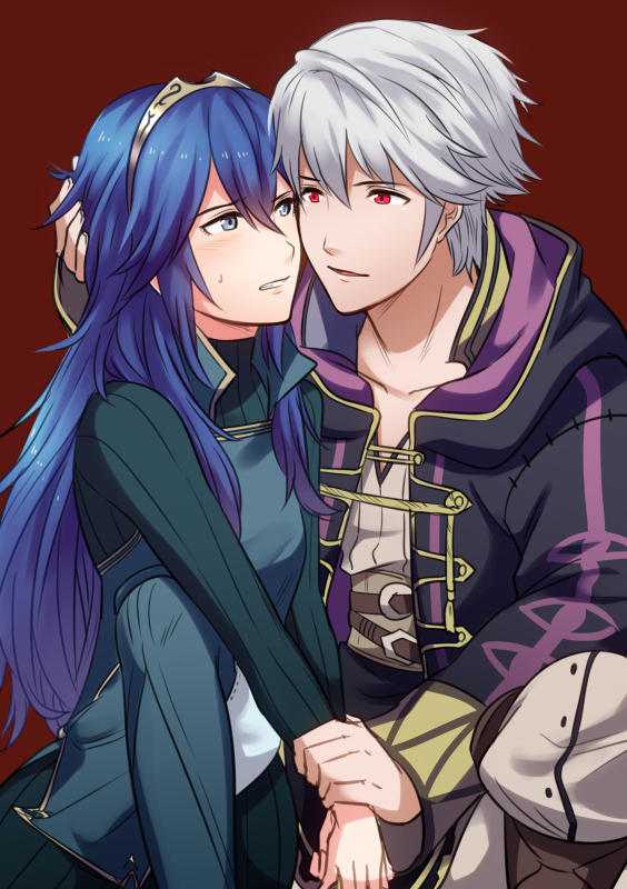 1boy 1girl ameno_(a_meno0) black_cloak blue_eyes blue_hair blush cloak collarbone commentary_request eye_contact eyebrows_visible_through_hair fire_emblem fire_emblem_awakening fire_emblem_heroes grima_(fire_emblem) hair_between_eyes hair_ornament hand_on_another's_head holding holding_another's_arm hood hood_down hooded_cloak long_hair looking_at_another lucina lucina_(fire_emblem) open_clothes open_mouth red_background red_eyes robin_(fire_emblem) robin_(fire_emblem)_(male) short_hair simple_background sweatdrop teeth tiara white_hair