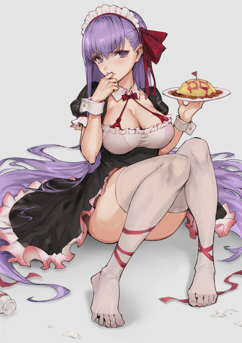 1girl alternate_costume bangs bb_(fate)_(all) bb_(fate/extra_ccc) black_dress blush breasts dress enmaided fate/extra fate/extra_ccc fate_(series) feet food food_writing grey_background hair_between_eyes hair_ribbon haoni highres holding holding_plate ketchup knees_up large_breasts long_hair looking_at_viewer maid maid_headdress omelet omurice plate puffy_short_sleeves puffy_sleeves purple_hair red_ribbon ribbon short_sleeves simple_background sitting solo thighs underbust very_long_hair violet_eyes wrist_cuffs