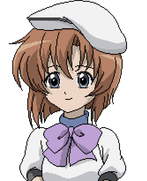 blue_eyes bow brown_hair hat higurashi_no_naku_koro_ni pixel_art purple_bow ryuuguu_rena short_sleeves smile turtleneck