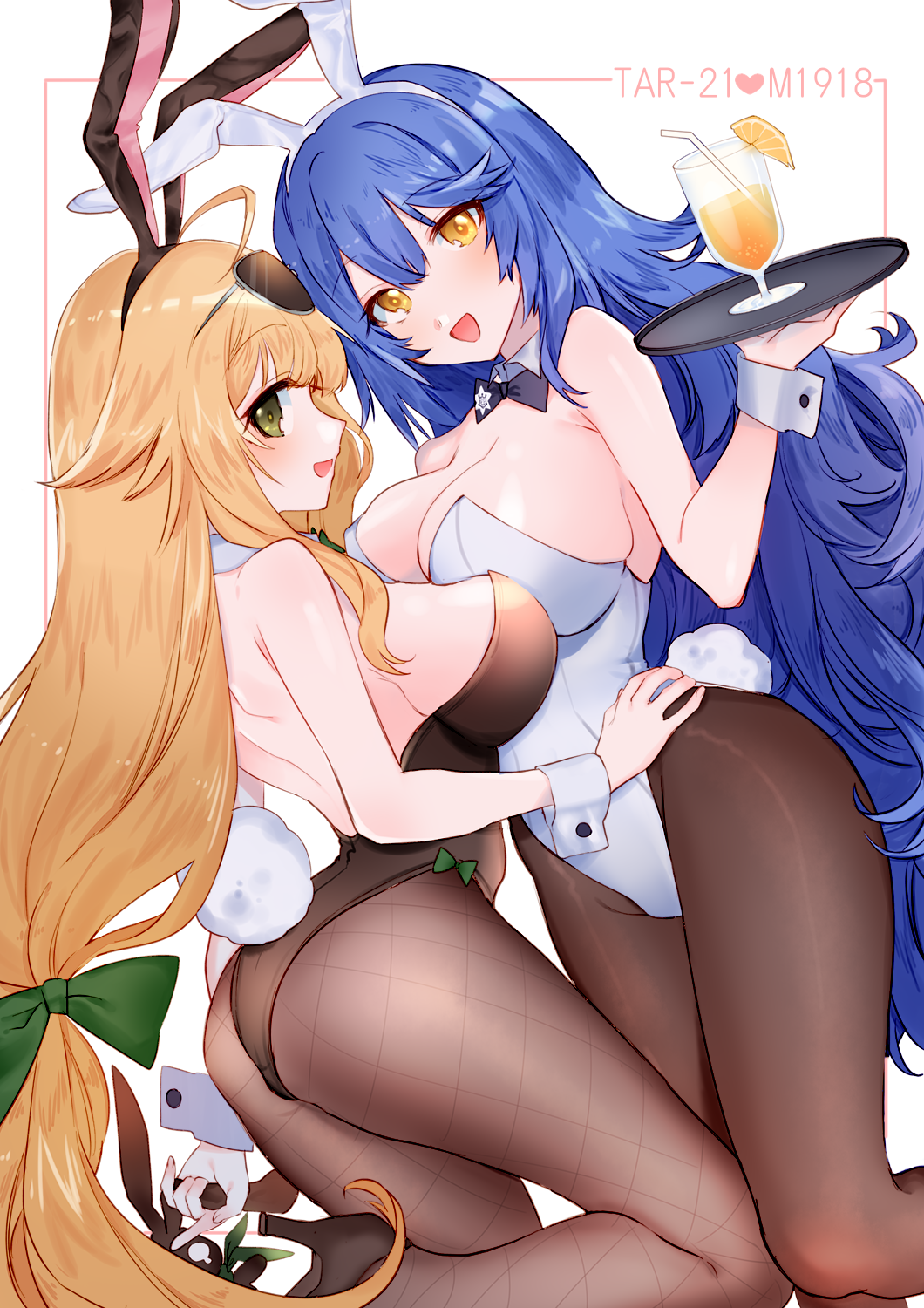 2girls animal_ears artist_request aviator_sunglasses bangs bare_shoulders black_legwear blonde_hair blush bow bowtie breasts bunny_girl bunnysuit commentary_request detached_collar eyewear_on_head girls_frontline gun highres large_breasts leotard long_hair looking_at_viewer low-tied_long_hair m1918_bar m1918_bar_(girls_frontline) machine_gun multiple_girls open_mouth pantyhose personification rabbit_ears simple_background smile sunglasses tagme tail tar-21_(girls_frontline) very_long_hair weapon white_background wrist_cuffs