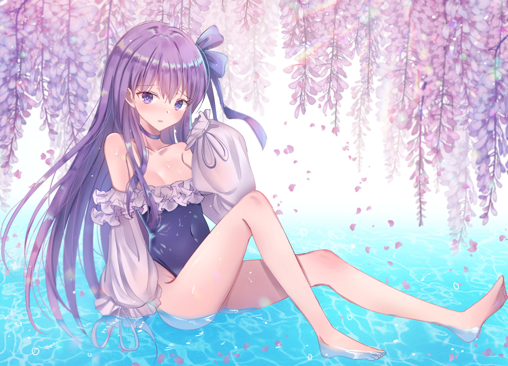 1girl bangs bare_shoulders barefoot blue_bow blue_choker blue_ribbon blue_swimsuit blush bow breasts choker covered_navel fate/grand_order fate_(series) flower hair_bow long_hair long_sleeves looking_at_viewer lp_(siston) meltryllis meltryllis_(swimsuit_lancer)_(fate) outdoors purple_hair ribbon sitting sitting_on_water sleeves_past_fingers sleeves_past_wrists small_breasts solo swimsuit very_long_hair violet_eyes water wisteria