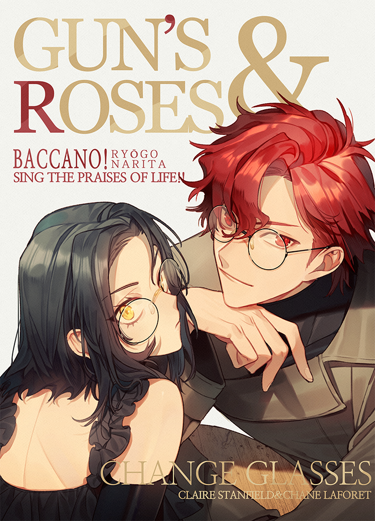 1boy 1girl asymmetrical_bangs baccano! bangs bare_back bare_shoulders black_hair brown_coat chane_laforet character_name claire_stanfield coat collar collared_coat copyright_name cover fake_magazine_cover glasses grey_background hand_on_own_chin hetero honey_dogs long_sleeves looking_at_viewer looking_back magazine_cover parted_bangs red_eyes redhead round_eyewear short_hair simple_background sleeveless smile