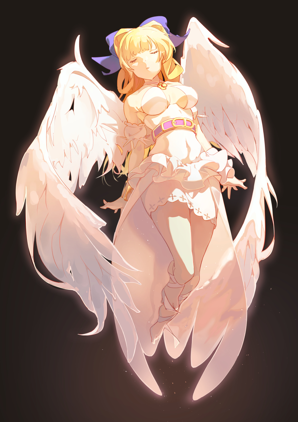 1girl angel_wings belt black_background blonde_hair blue_bow bow breasts closed_eyes elbow_gloves facing_viewer full_body gloves highres kono_yuusha_ga_ore_tueee_kuse_ni_shinchou_sugiru medium_breasts navel ristarte_(kono_yuusha_ga_ore_tueee_kuse_ni_shinchou_sugiru) simple_background skirt taka_(0taka) white_gloves white_skirt white_wings wings