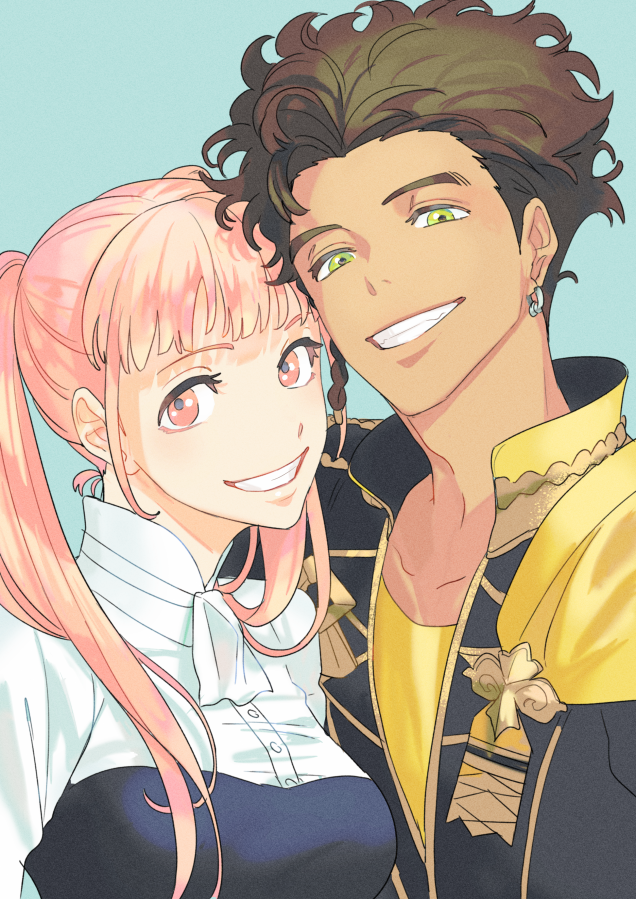 1boy 1girl blue_background braid breasts brown_hair claude_von_riegan earrings fire_emblem fire_emblem:_three_houses garreg_mach_monastery_uniform green_eyes grin hilda_valentine_goneril jewelry long_hair looking_at_viewer medium_breasts neckerchief pink_eyes pink_hair shirt short_hair side_braid simple_background smile teeth twintails ugonba_(howatoro) upper_body wavy_hair