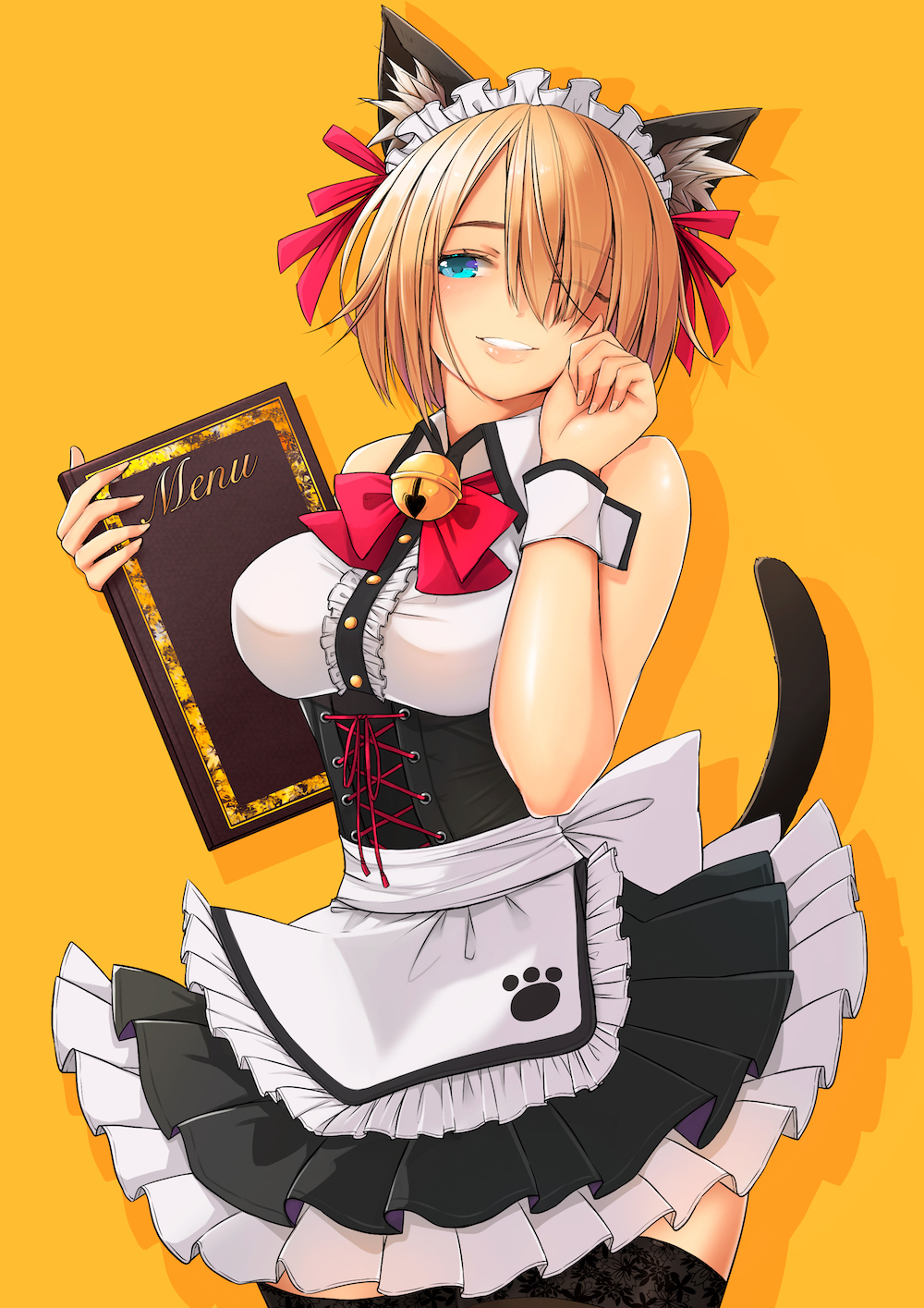 .sin animal_ears bare_arms bare_shoulders bell blonde_hair bow bowtie breasts cat cat_ears cat_tail commentary_request dress eyebrows_visible_through_hair hair_ornament hair_over_one_eye hair_ribbon highres holding maid maid_dress maid_headdress original pleated_dress red_bow red_ribbon ribbon simple_background tail wrist_cuffs yellow_background