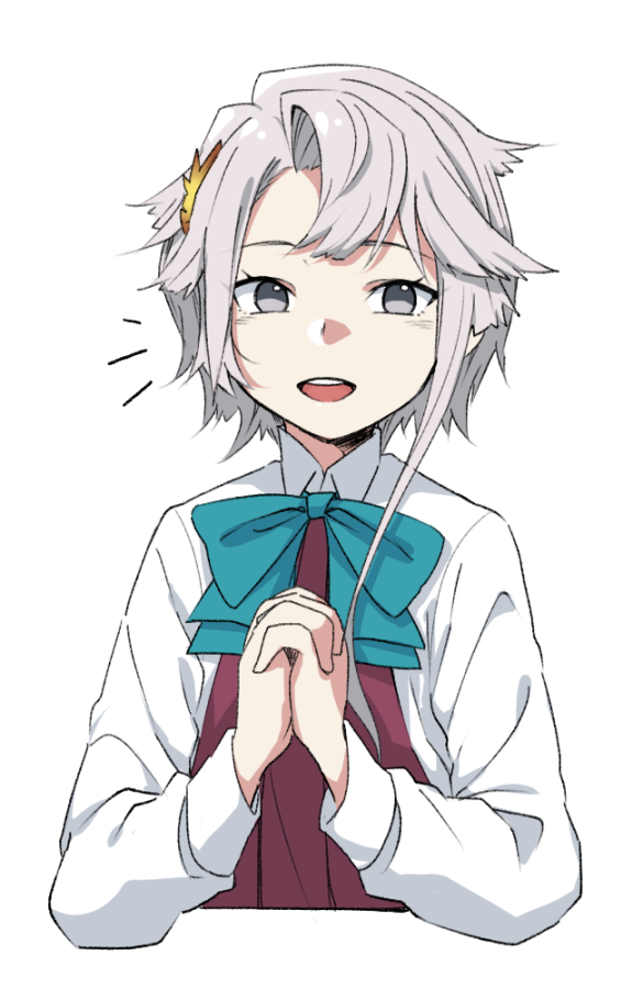 1girl akishimo_(kantai_collection) aqua_neckwear commentary_request cropped_torso dress_shirt grey_eyes hands_clasped kantai_collection long_hair looking_at_viewer moti_coi open_mouth own_hands_together school_uniform shirt short_hair silver_hair simple_background smile solo upper_teeth white_background white_shirt