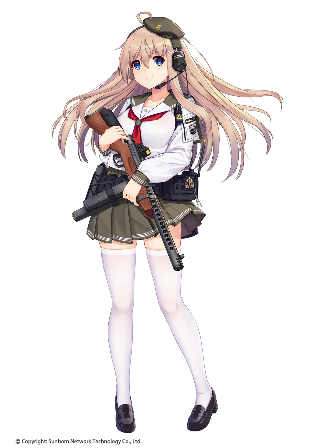 1girl ahoge allenes bangs beret beretta_model_38 beretta_model_38_(girls_frontline) black_footwear blue_eyes blush breasts closed_mouth collarbone commentary_request ear_protection eyebrows_visible_through_hair full_body girls_frontline green_headwear green_sailor_collar green_skirt gun hair_between_eyes hair_ornament hairclip hat headset highres holding holding_gun holding_weapon light_brown_hair loafers long_hair medium_breasts object_namesake official_art pleated_skirt red_neckwear sailor_collar school_uniform serafuku shirt shoes simple_background skirt smile solo standing submachine_gun thigh-highs tilted_headwear very_long_hair watermark weapon white_background white_legwear white_shirt