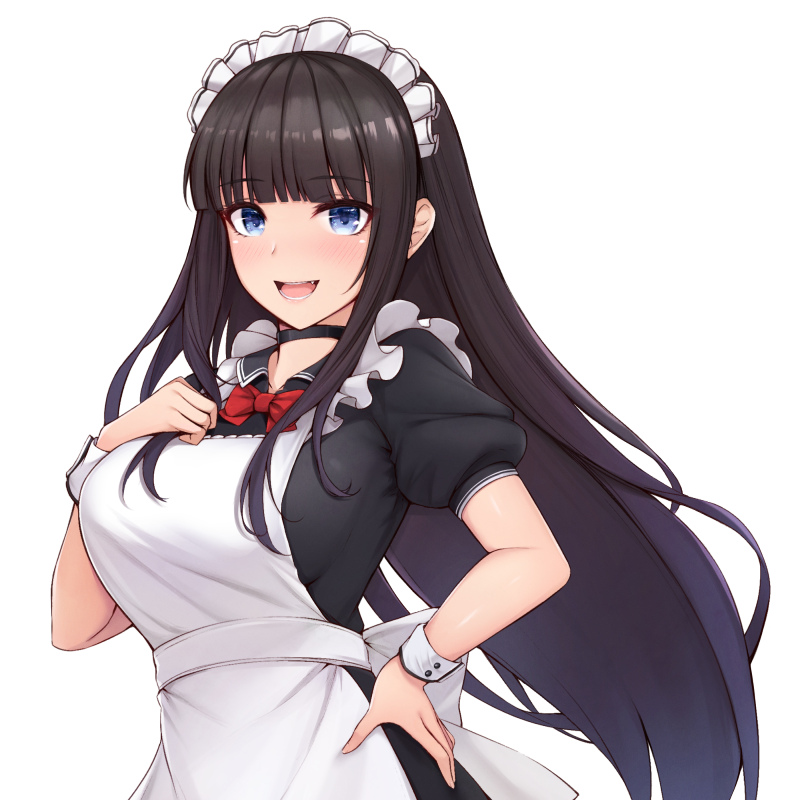 1girl :d apron bangs black_choker black_dress black_hair blunt_bangs blush bow bowtie breasts choker commentary_request dress eyebrows_visible_through_hair fou_zi frilled_apron frills hand_on_hip hand_on_own_chest large_breasts long_hair maid_headdress open_mouth original puffy_short_sleeves puffy_sleeves red_neckwear red_ribbon ribbon short_sleeves sidelocks smile solo straight_hair upper_body very_long_hair white_apron