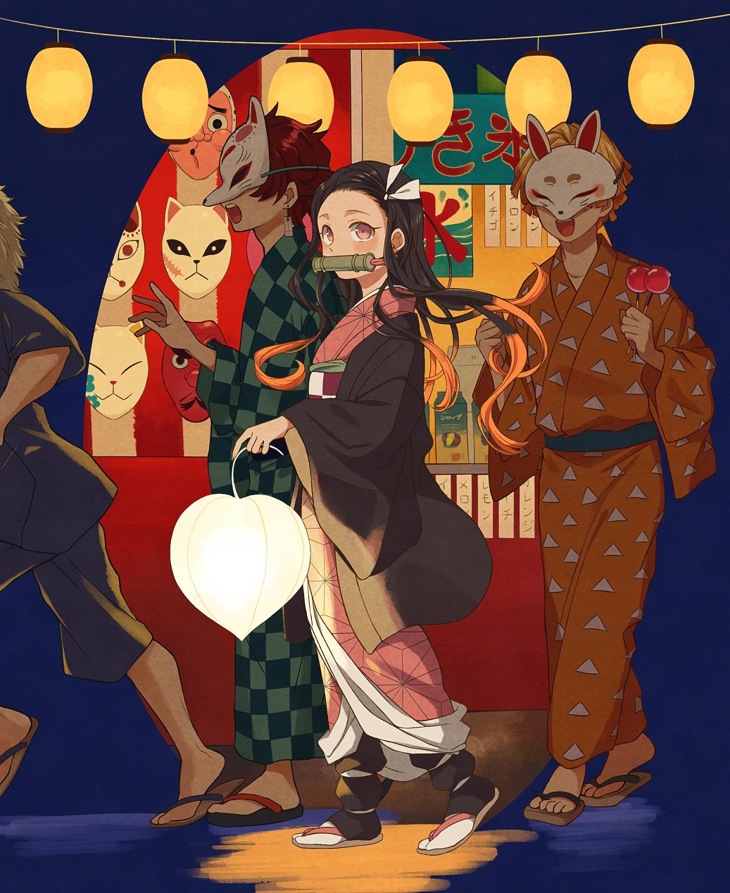 1girl 3boys agatsuma_zenitsu asa_no_ha_(pattern) bamboo bit_gag black_hair black_jacket black_pants blonde_hair brother_and_sister brown_footwear brown_hair candy_apple checkered checkered_kimono commentary earrings festival food fox_mask gag hair_ribbon hanafuda haori hashibira_inosuke highres holding holding_food jacket japanese_clothes jewelry kamado_nezuko kamado_tanjirou kimetsu_no_yaiba kimono lantern leg_wrap light long_hair long_sleeves looking_at_viewer mask multicolored_hair multiple_boys nanaminn obi open_mouth orange_kimono out_of_frame pants paper_lantern pink_eyes pink_kimono print_kimono ribbon running sandals sash short_hair siblings smile standing tabi walking white_ribbon wide_sleeves