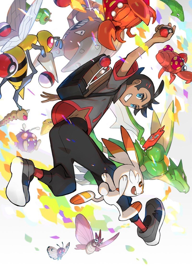 antennae backpack bag beedrill black_hair black_pants butterfree caterpie dark_skin from_behind gou_(pokemon) grin hair_ornament holding holding_poke_ball horn horns insect_wings kakuna looking_at_viewer midair multicolored_shirt mushroom open_backpack pants paras parasect pinsir poke_ball poke_ball_(generic) pokemon pokemon_(anime) pokemon_(creature) pokemon_swsh_(anime) rotom rotom_phone saitou_naoki scorbunny scyther short_hair short_sleeves smile source_request teeth tight tight_pants venomoth venonat weedle white_background wings