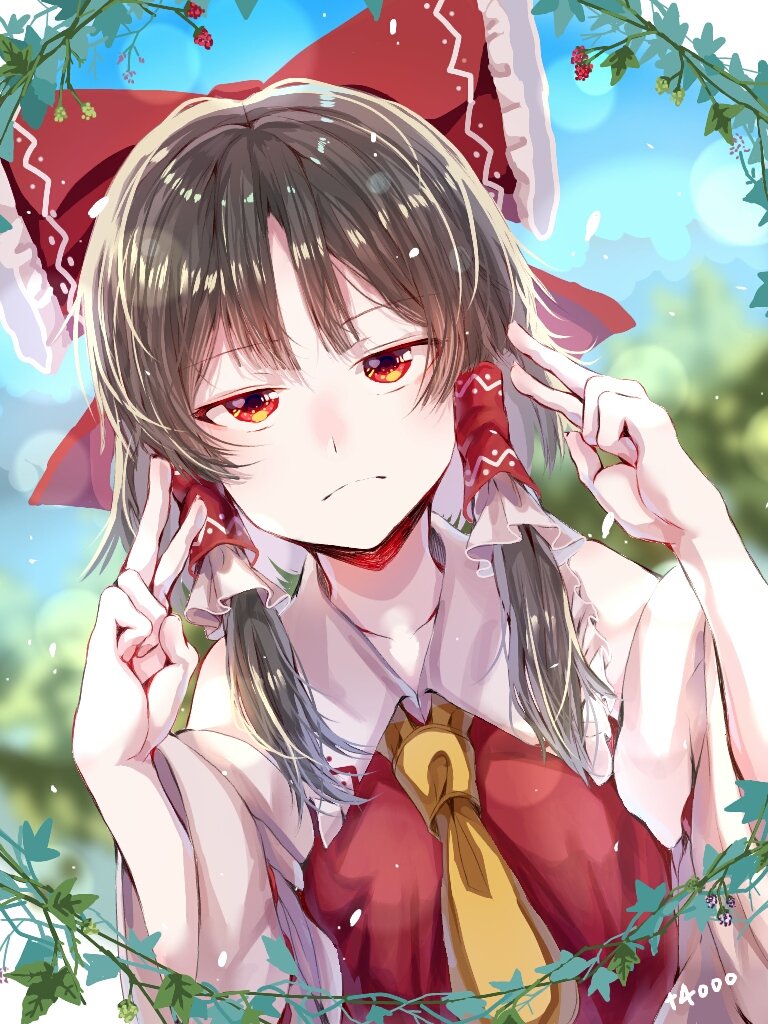1girl ascot black_hair bow commentary_request detached_sleeves double_v frilled_bow frilled_shirt_collar frills hair_bow hair_tubes hakurei_reimu jitome leaf looking_at_viewer makadamia_(0jewdvwvkixqbpn) plant red_bow red_eyes solo touhou upper_body v vines yellow_neckwear