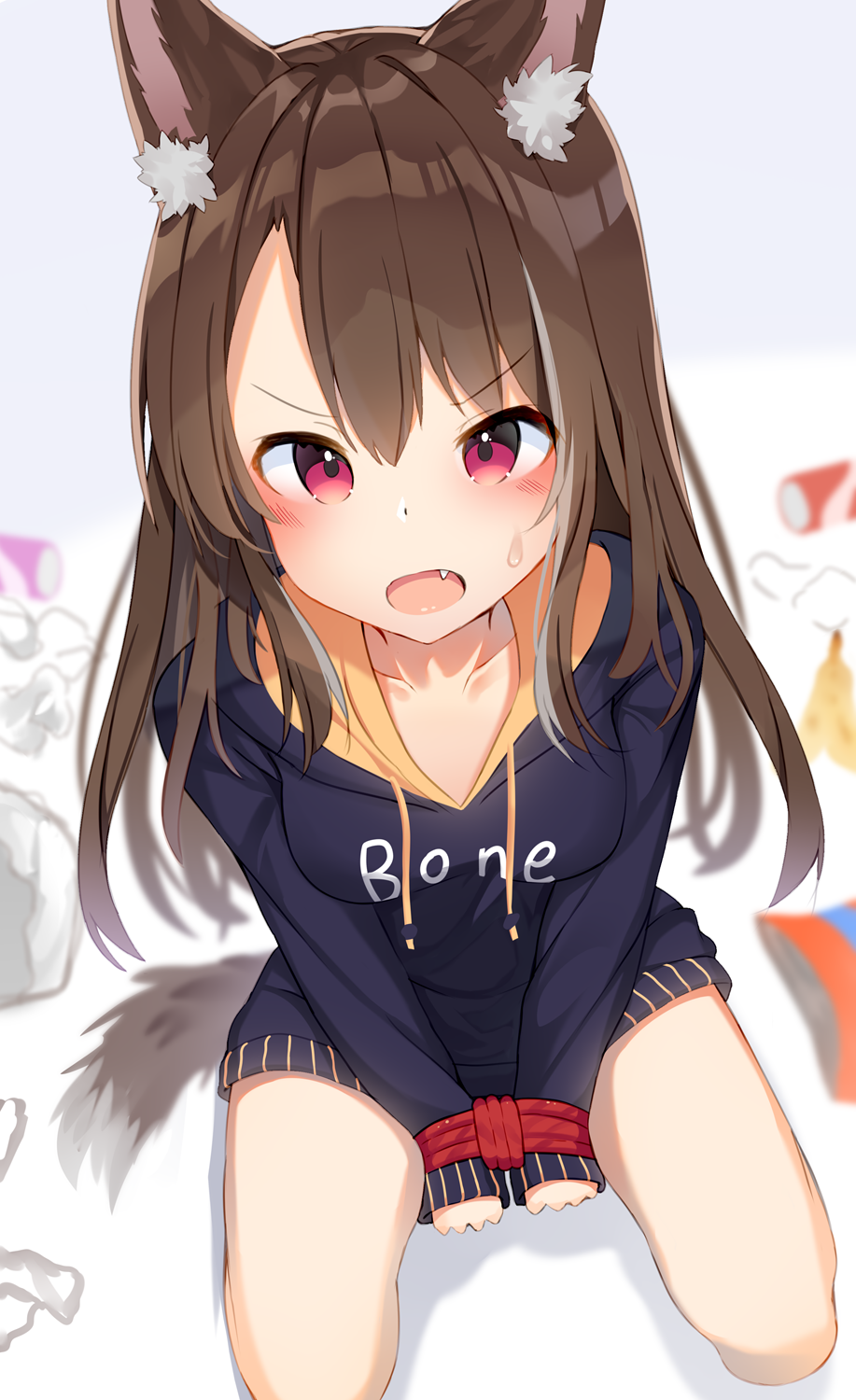 1girl animal_ear_fluff animal_ears bangs black_hoodie blurry blurry_background bound bound_wrists breasts brown_hair clothes_writing collarbone commentary_request depth_of_field drawstring eyebrows_visible_through_hair fang highres hood hood_down hoodie long_hair long_sleeves looking_at_viewer medium_breasts mizuki_ryuu open_mouth original seiza sitting sleeves_past_wrists solo sweat tail very_long_hair