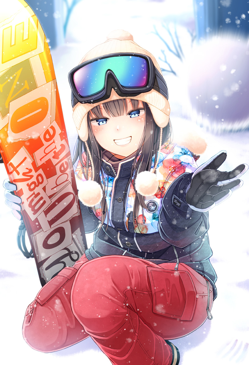1girl bangs beanie black_gloves black_hair black_jacket blue_eyes blurry blurry_background blush brown_headwear commentary_request depth_of_field eyebrows_visible_through_hair gloves goggles goggles_on_head grin hat jacket long_hair long_sleeves looking_at_viewer niichi_(komorebi-palette) one_knee original pants red_pants smile snow snowboard snowing solo