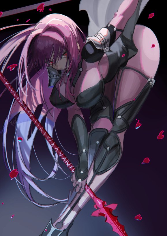 1girl bent_over bodysuit breasts fate/grand_order fate_(series) gae_bolg hair_intakes hanging_breasts holding holding_weapon large_breasts leotard long_hair looking_at_viewer mins_(minevi) pauldrons polearm purple_bodysuit purple_hair purple_leotard red_eyes scathach_(fate)_(all) scathach_(fate/grand_order) shoulder_armor smile spear weapon