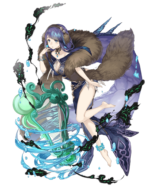 1girl absurdly_long_hair anklet aqua_eyes barefoot bracelet breasts choker collarbone earmuffs earrings eyebrows_visible_through_hair fins full_body fur_scarf harp instrument jewelry ji_no large_breasts long_hair looking_at_viewer official_art purple_hair sinoalice solo transparent_background very_long_hair water