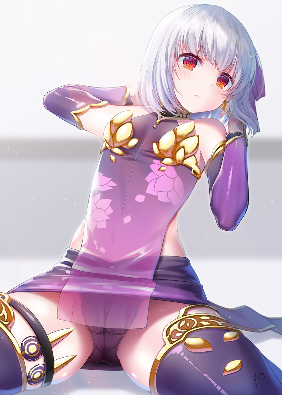 1girl armor ass_visible_through_thighs bangs bare_shoulders bikini_armor blush breasts closed_mouth covered_navel detached_sleeves dress earrings eyebrows_visible_through_hair fate/grand_order fate_(series) floral_print hair_ribbon highres jewelry kama_(fate/grand_order) leaning_back looking_at_viewer miniskirt panties pelvic_curtain pink_ribbon purple_dress purple_legwear purple_panties purple_skirt purple_sleeves red_eyes ribbon short_hair silver_hair skirt small_breasts solo spread_legs suzuki_nene thighlet thighs underwear
