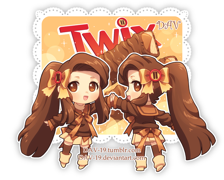 2girls :d artist_name boots bow brown_bow brown_eyes brown_footwear brown_hair brown_legwear brown_sailor_collar brown_shirt brown_skirt chibi commentary dav-19 doily english_commentary hair_bow hands_together long_hair long_sleeves multiple_girls open_mouth original personification pleated_skirt sailor_collar school_uniform serafuku shirt siblings sisters skirt sleeves_past_wrists smile sparkle standing thigh-highs transparent_background twins twix very_long_hair watermark web_address