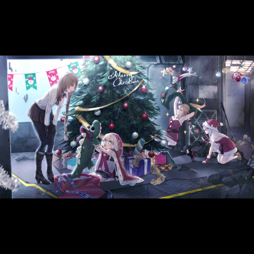 4girls christmas christmas_tree crocodile crocodilian cz-75_(girls_frontline) doll fal_(girls_frontline) ferret g36_(girls_frontline) gift girls_frontline hat idw_(girls_frontline) long_nose m1903_springfield_(girls_frontline) multiple_girls official_art santa_costume santa_hat spoilers stuffed_animal stuffed_toy svd_(girls_frontline) sweater younger