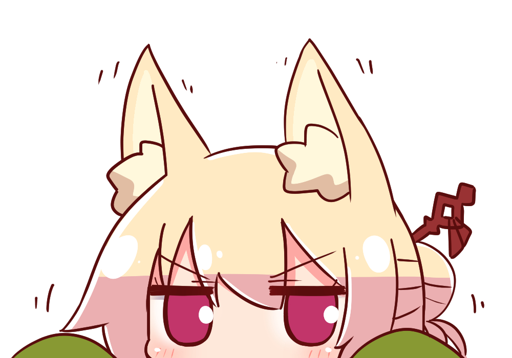 1girl animal_ear_fluff animal_ears bangs blonde_hair blush eyebrows_visible_through_hair fox_ears hair_between_eyes hair_bun hair_ornament kemomimi-chan_(naga_u) looking_at_viewer naga_u original red_eyes simple_background solo v-shaped_eyebrows white_background