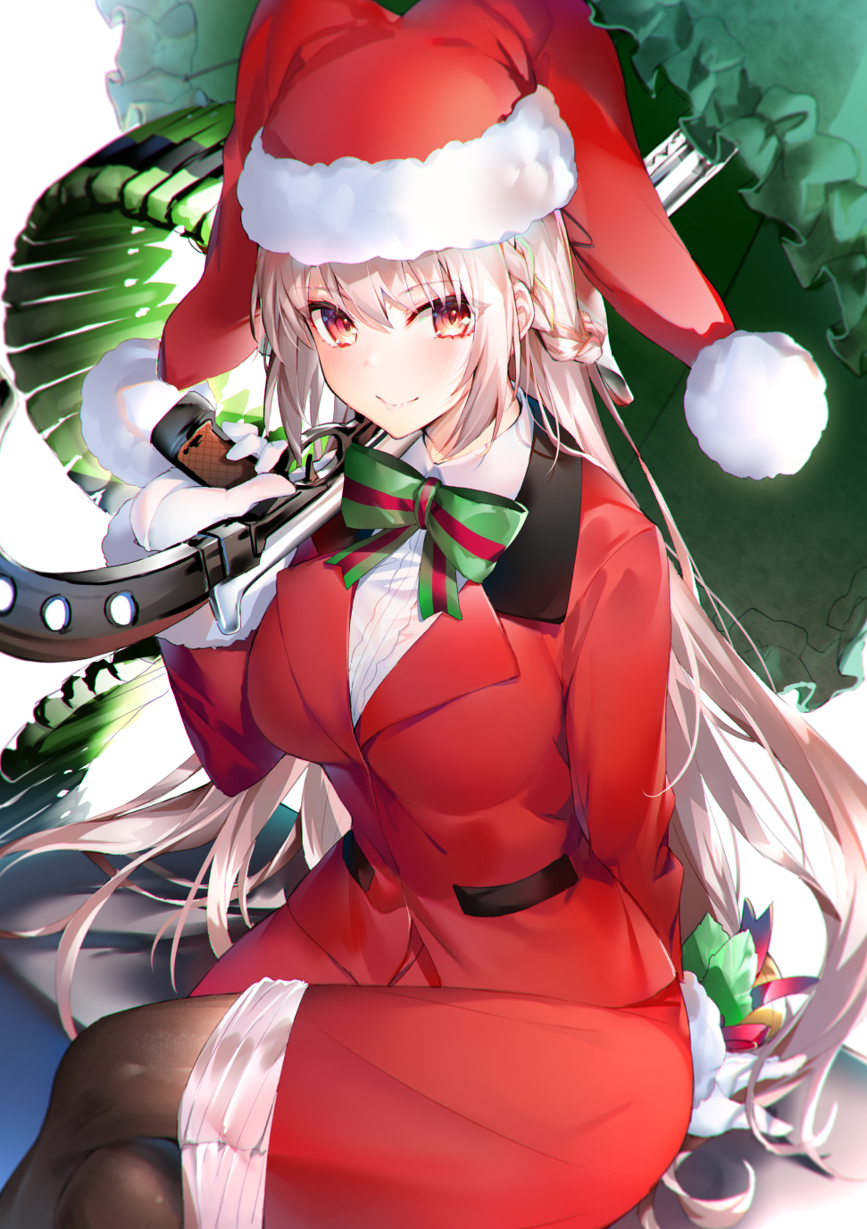 1girl bangs black_legwear bow braid breasts closed_mouth collared_shirt commentary_request crossed_legs eyebrows_visible_through_hair fate/grand_order fate_(series) florence_nightingale_(fate/grand_order) florence_nightingale_santa_(fate/grand_order) formal fur-trimmed_hat fur-trimmed_sleeves fur_trim gloves green_bow gun hair_between_eyes hakuishi_aoi hand_up hat highres holding holding_gun holding_weapon jacket long_hair long_sleeves looking_at_viewer medium_breasts over_shoulder pantyhose pencil_skirt red_eyes red_headwear red_jacket red_skirt santa_hat shirt sitting skirt skirt_suit smile solo striped striped_bow suit very_long_hair weapon weapon_over_shoulder white_gloves white_hair white_shirt