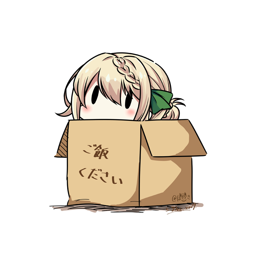 1girl blonde_hair box braid braided_bun cardboard_box dated green_ribbon hair_ribbon hatsuzuki_527 in_box in_container kantai_collection perth_(kantai_collection) ribbon short_hair simple_background solid_oval_eyes solo translated twitter_username white_background