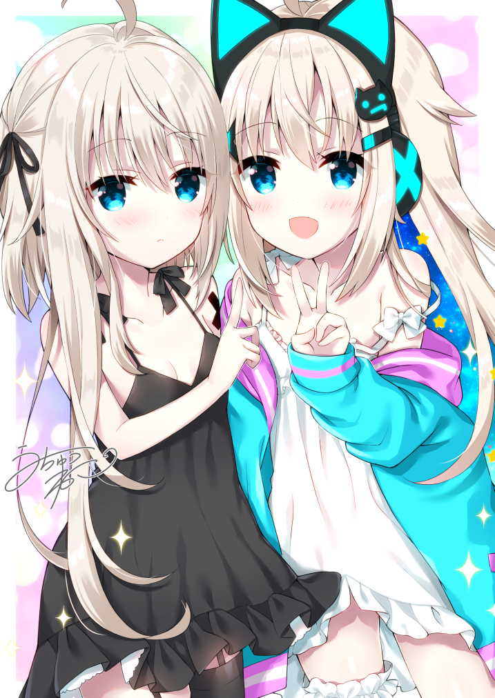 2girls :d ahoge animal_ears asymmetrical_hair bangs bare_arms bare_shoulders black_dress black_ribbon blonde_hair blue_eyes blue_jacket blush breasts cat_ear_headphones cat_ears closed_mouth collarbone commentary_request copyright_request dress eyebrows_visible_through_hair fake_animal_ears frilled_dress frills garter_straps hair_between_eyes hair_ribbon headphones jacket long_hair long_sleeves looking_at_viewer multiple_girls off_shoulder open_clothes open_jacket open_mouth original ribbon signature single_thighhigh sleeveless sleeveless_dress sleeves_past_wrists small_breasts smile sparkle star strap_slip thigh-highs tia-chan uchuuneko v very_long_hair virtual_youtuber white_dress