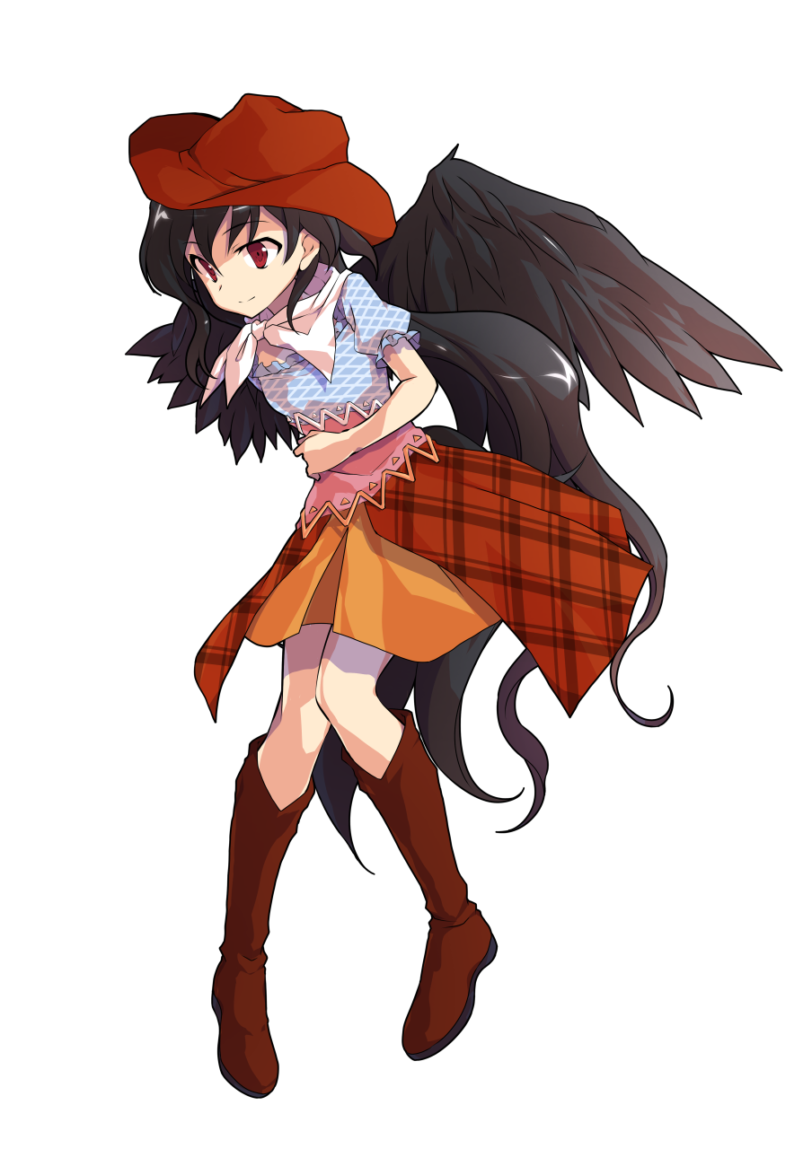 1girl alphes_(style) black_hair black_wings boots brown_footwear brown_headwear closed_mouth commentary_request cowboy_hat dairi eyebrows_visible_through_hair feathered_wings full_body hand_on_own_stomach hat highres horse_tail kurokoma_saki long_hair looking_at_viewer neckerchief orange_skirt parody ponytail puffy_short_sleeves puffy_sleeves red_eyes shiny shiny_hair short_sleeves skirt smile solo style_parody tachi-e tail touhou transparent_background very_long_hair white_neckwear wings