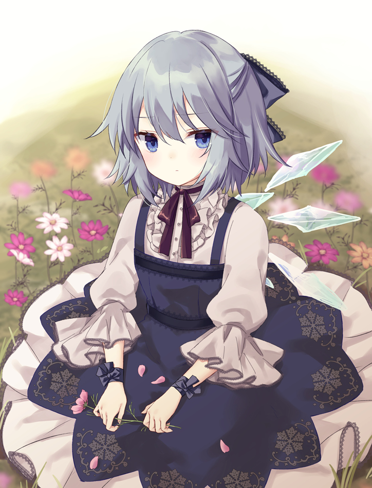 1girl bangs blue_dress blue_eyes blurry blurry_background cirno closed_mouth commentary_request depth_of_field dress eyebrows_visible_through_hair flower frills grass grey_hair hair_between_eyes holding holding_flower ice ice_wings long_sleeves on_grass petals pink_flower puffy_long_sleeves puffy_sleeves purin_jiisan purple_flower shirt sleeveless sleeveless_dress solo touhou white_flower white_shirt wide_sleeves wings