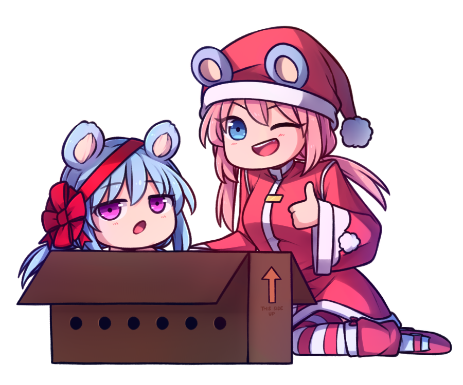 2girls :o ;d alternate_costume animal_ears bear_ears blue_eyes blue_hair box cardboard_box chibi coat commentary directional_arrow english_commentary eyebrows_visible_through_hair eyes_visible_through_hair hat in_box in_container leg_warmers long_hair long_sleeves looking_at_viewer low_twintails multiple_girls nieve_(rabi_ribi) nixie_(rabi_ribi) one_eye_closed open_mouth pink_eyes pink_hair pom_pom_(clothes) rabi-ribi red_coat red_ribbon ribbon santa_costume santa_hat siblings simple_background sisters smile speckticuls striped striped_legwear thigh-highs thumbs_up twintails v-shaped_eyebrows white_background wide_sleeves