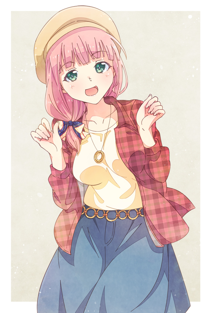 1girl :d alternate_hairstyle bang_dream! bangs beige_background beige_headwear beret blue_skirt bow clenched_hands collarbone e20 green_eyes hair_bow hair_over_shoulder hands_up hat jewelry long_hair long_sleeves looking_at_viewer low-tied_long_hair open_mouth pendant pink_hair plaid plaid_shirt red_shirt shirt skirt smile solo uehara_himari yellow_shirt