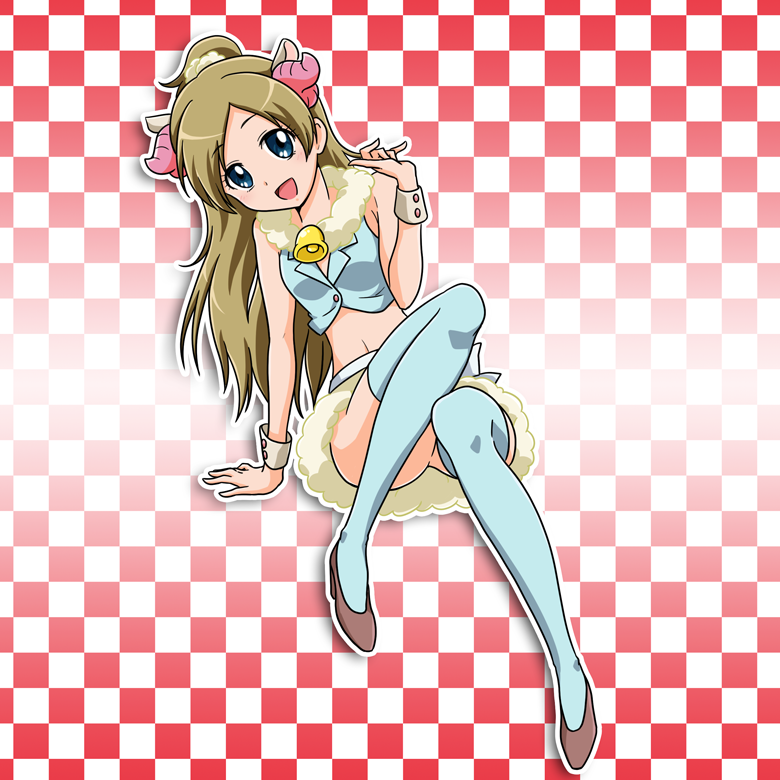 1girl animal_ears arm_support bangs blue_eyes blue_legwear brown_footwear brown_hair checkered checkered_background crop_top full_body horns leaning_to_the_side long_hair looking_at_viewer midriff minamino_kanade miniskirt navel niita parted_bangs precure pumps shiny shiny_hair sitting skirt sleeveless solo stomach suite_precure thigh-highs very_long_hair wrist_cuffs zettai_ryouiki