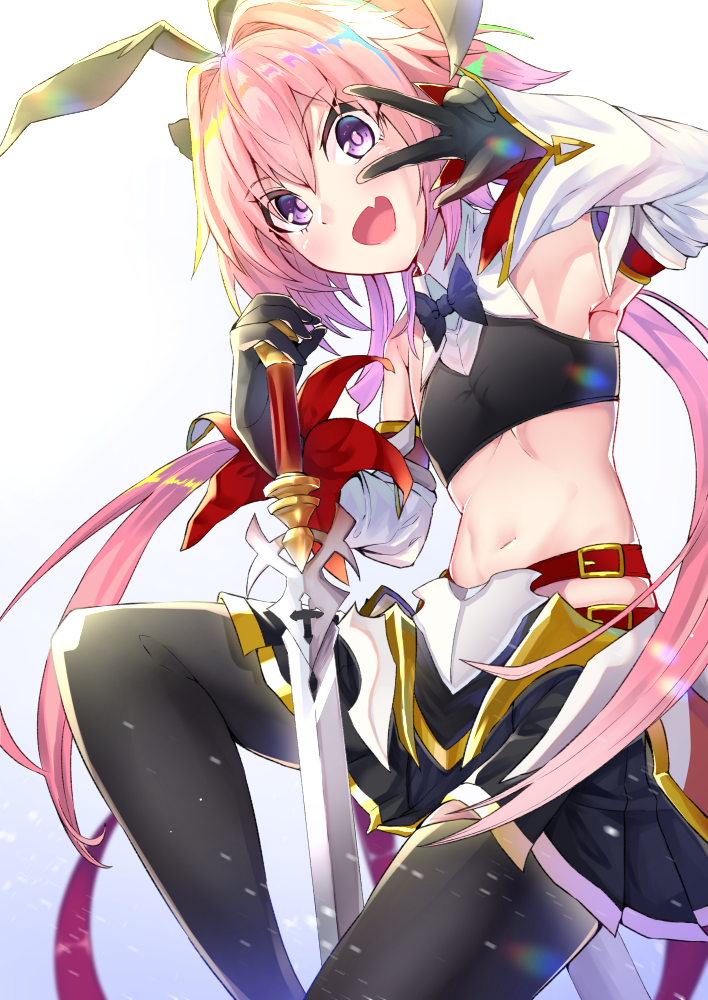 1boy anemone_noa astolfo_(fate) astolfo_(saber)_(fate) bad_id bad_pixiv_id bangs bare_shoulders black_bow black_gloves black_legwear black_ribbon blush bow bowtie commentary_request eyebrows_visible_through_hair fang fate/grand_order fate_(series) gloves hair_bow hair_intakes hair_ribbon holding holding_sword holding_weapon long_hair long_sleeves looking_at_viewer multicolored_hair navel otoko_no_ko pantyhose pink_hair ribbon simple_background skin_fang smile solo streaked_hair sword twintails v violet_eyes weapon white_background white_hair