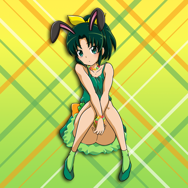 1girl animal_ears back_bow bangs bow bracelet collarbone dress full_body gradient gradient_background green_background green_dress green_eyes green_footwear green_hair green_legwear hair_bow hair_intakes high_ponytail jewelry looking_at_viewer midorikawa_nao necklace niita orange_bow precure pumps rabbit_ears shiny shiny_hair short_dress short_hair sitting sleeveless sleeveless_dress smile_precure! socks solo yellow_background yellow_bow