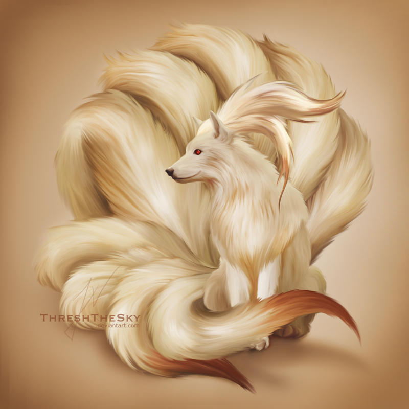 animal artist_name brown_background brown_theme closed_mouth fox full_body gen_1_pokemon gradient gradient_background looking_to_the_side multiple_tails ninetales no_humans pokemon realistic red_eyes shadow signature simple_background sitting solo tail threshthesky